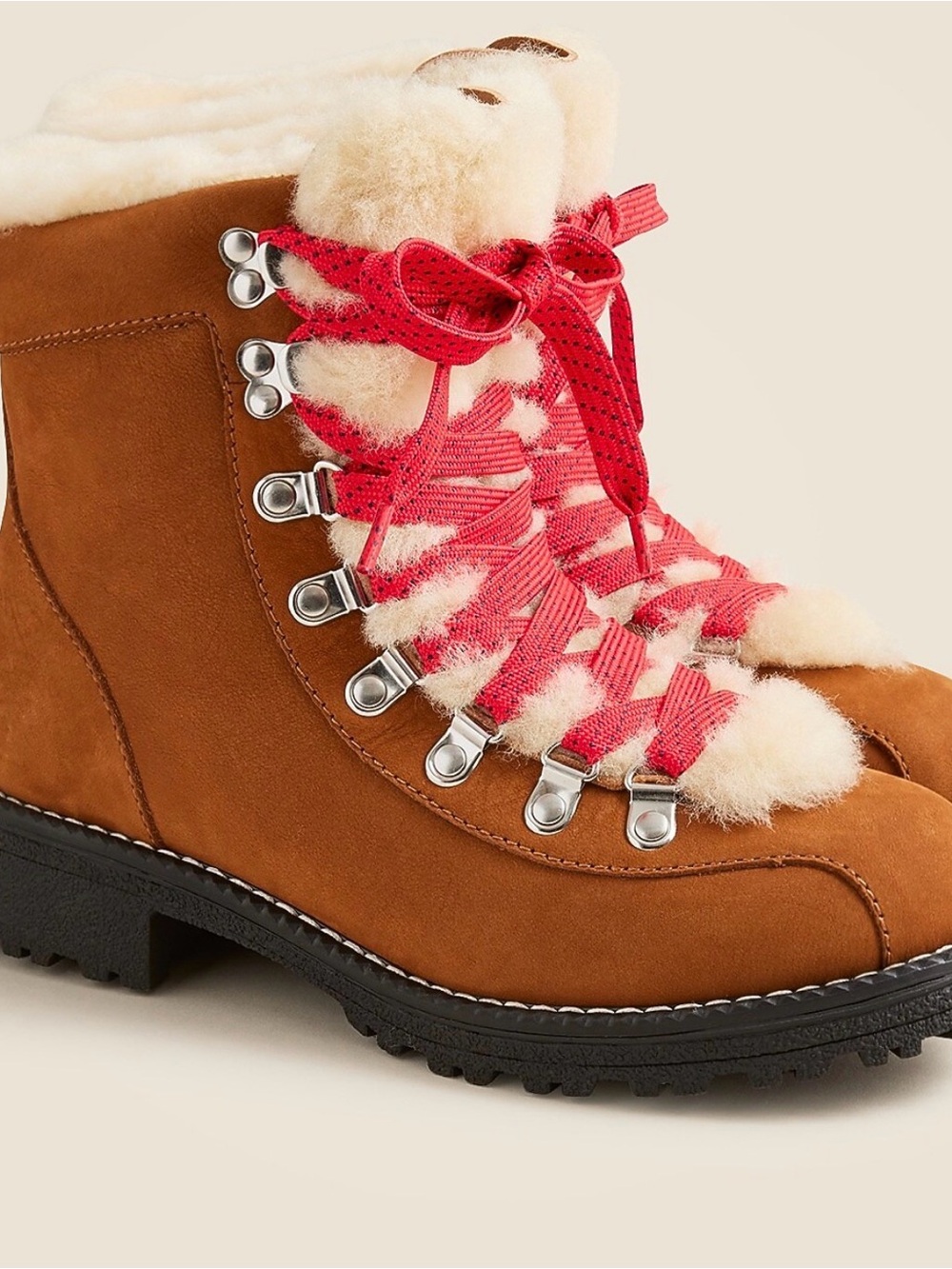 J. Crew Brown Suede Genuine Shearling Hiker/Winter Boots with Red Laces. NEW Sz8